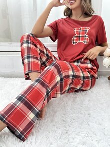 Bộ đồ ngủ Nữ Thắt nút Hoạt hình Sọc ca rô Giải trí - Màu Đỏ Sâu - Xem 5