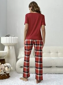 Bộ đồ ngủ Nữ Thắt nút Hoạt hình Sọc ca rô Giải trí - Màu Đỏ Sâu - Xem 2