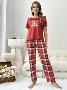 Bộ đồ ngủ Nữ Thắt nút Hoạt hình Sọc ca rô Giải trí - Màu Đỏ Sâu - Xem 4