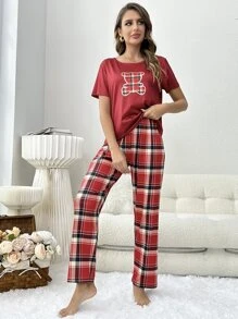 Bộ đồ ngủ Nữ Thắt nút Hoạt hình Sọc ca rô Giải trí - Màu Đỏ Sâu - Xem 3
