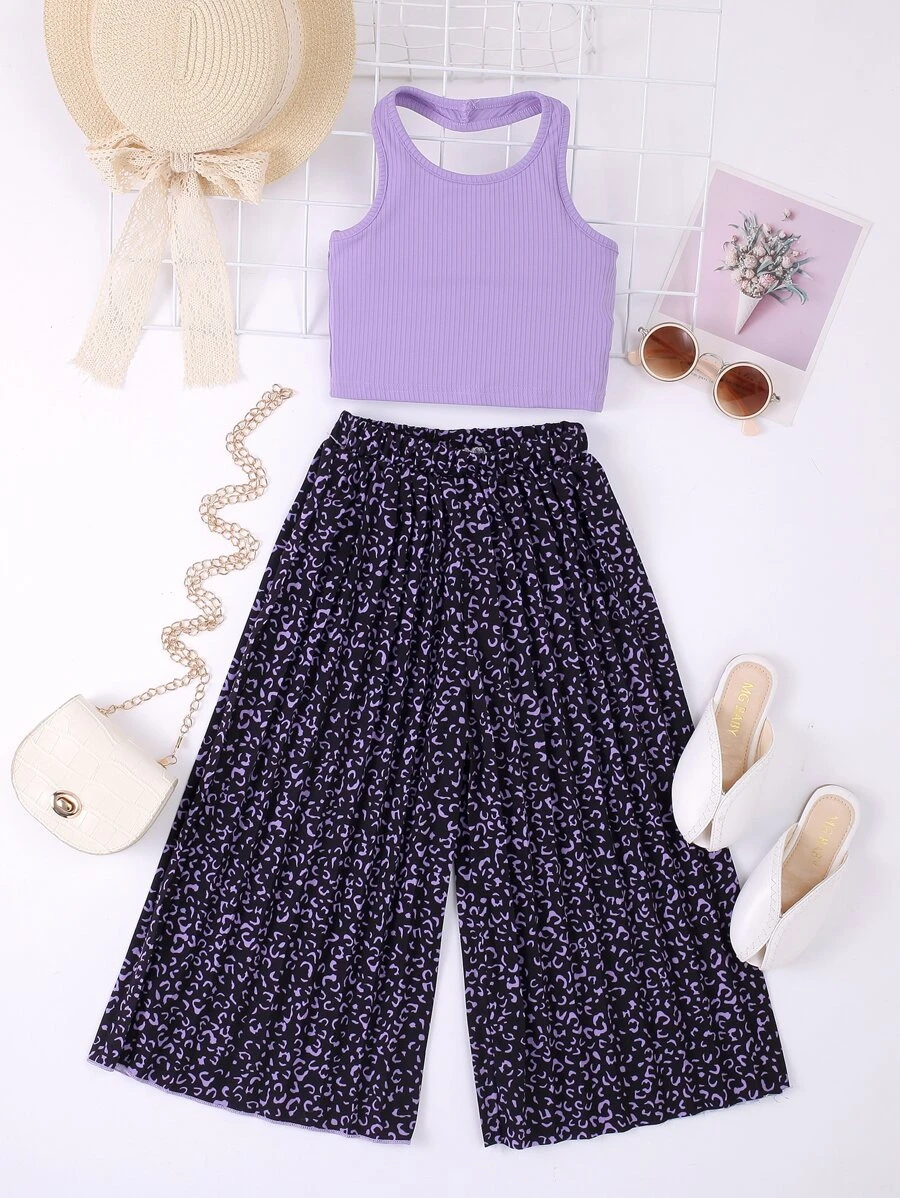 Toddler Girls Rib-Knit Halter Top & Leopard Print Pleated Pants - Multicolor - View 1