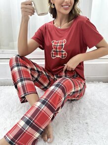 Bộ đồ ngủ Nữ Thắt nút Hoạt hình Sọc ca rô Giải trí - Màu Đỏ Sâu - Xem 1