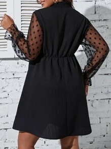 SHEIN Clasi Đầm Plus Size Tương phản Mesh Dây kéo viền lá sen Thắt nút cắt Chấm bi Thanh lịch - màu đen - Xem 2