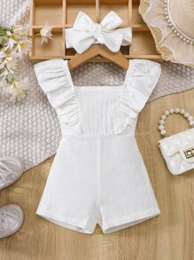 Baby Ruffle Trim Cut Out Back Romper With Accessory Headband - White - View 1