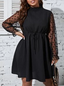 SHEIN Clasi Đầm Plus Size Tương phản Mesh Dây kéo viền lá sen Thắt nút cắt Chấm bi Thanh lịch - màu đen - Xem 4