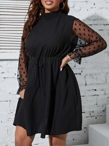 SHEIN Clasi Đầm Plus Size Tương phản Mesh Dây kéo viền lá sen Thắt nút cắt Chấm bi Thanh lịch - màu đen - Xem 5