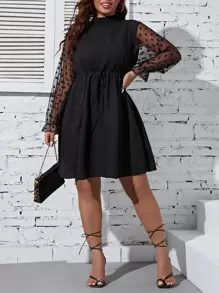 SHEIN Clasi Đầm Plus Size Tương phản Mesh Dây kéo viền lá sen Thắt nút cắt Chấm bi Thanh lịch - màu đen - Xem 6