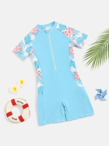 Girls Tropical Print Zipper Front One Piece Swimsuit - Blue - View 1