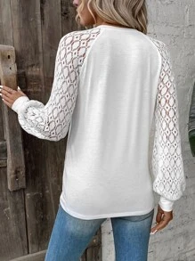 SHEIN LUNE 蕾絲拼接插肩袖上衣 - 白色 - 查看 2