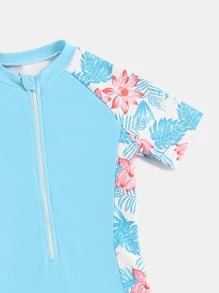 Girls Tropical Print Zipper Front One Piece Swimsuit - Blue - View 3
