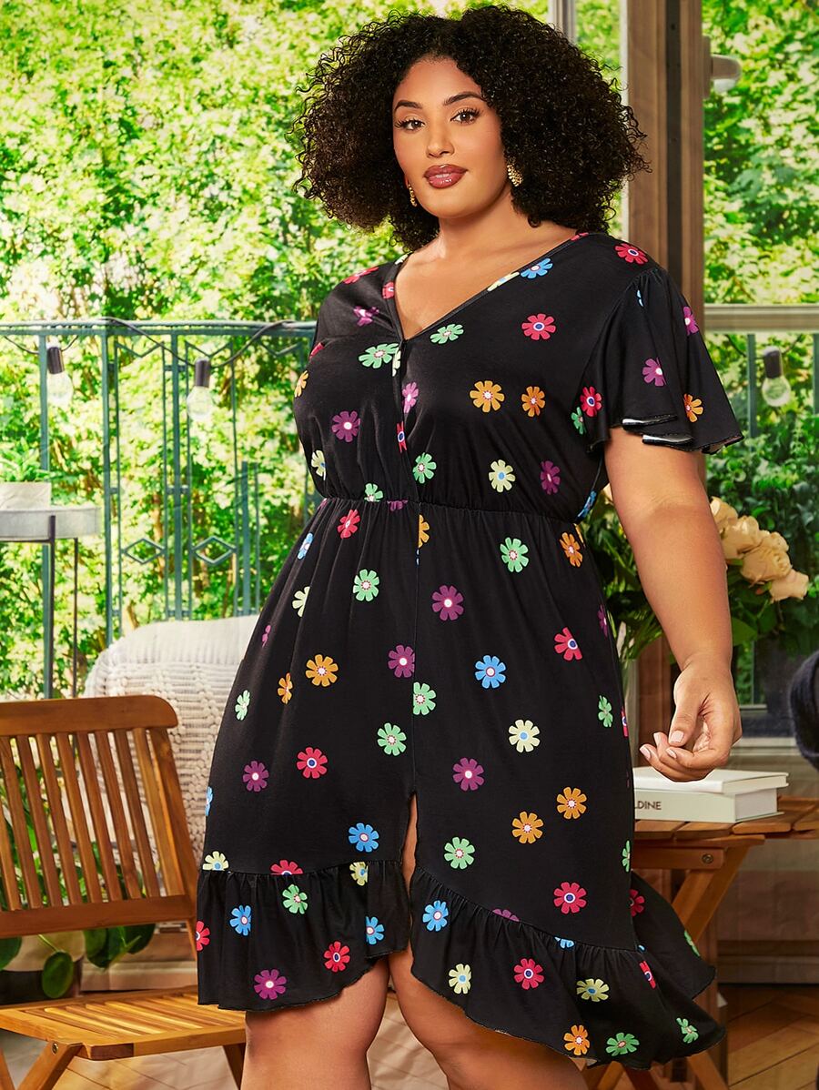 SHEIN CURVE+ Plus Floral Print V Neck Dress - Black - View 1