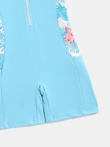 Girls Tropical Print Zipper Front One Piece Swimsuit - Blue - View 4