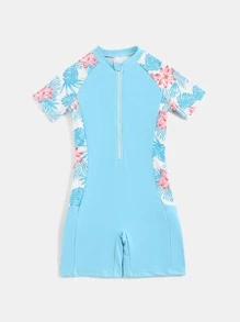 Girls Tropical Print Zipper Front One Piece Swimsuit - Blue - View 5