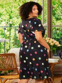 SHEIN CURVE+ Plus Floral Print V Neck Dress - Black - View 2