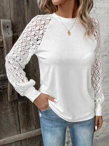 SHEIN LUNE 蕾絲拼接插肩袖上衣 - 白色 - 查看 6