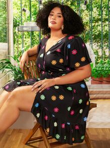 SHEIN CURVE+ Plus Floral Print V Neck Dress - Black - View 3