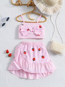 SHEIN 小女童條紋圖案和草莓圖案前蝴蝶結吊帶短上衣和荷葉邊半身裙 - 淺粉色 - 查看 1