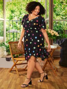 SHEIN CURVE+ Plus Floral Print V Neck Dress - Black - View 6