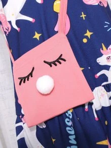 Toddler Girls Unicorn Print Ruffle Trim Dress & Bag - Navy Blue - View 5