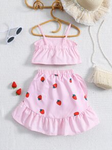 SHEIN 小女童條紋圖案和草莓圖案前蝴蝶結吊帶短上衣和荷葉邊半身裙 - 淺粉色 - 查看 2