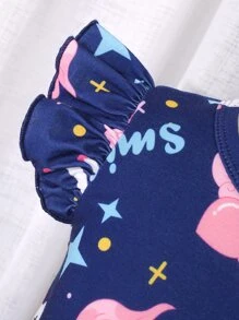 Toddler Girls Unicorn Print Ruffle Trim Dress & Bag - Navy Blue - View 6