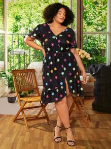 SHEIN CURVE+ Plus Floral Print V Neck Dress - Black - View 4