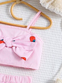 SHEIN 小女童條紋圖案和草莓圖案前蝴蝶結吊帶短上衣和荷葉邊半身裙 - 淺粉色 - 查看 4