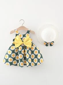 Baby Girl Floral Print Bow Front Dress & Accessory Hat - Green - View 1