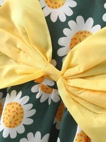 Baby Girl Floral Print Bow Front Dress & Accessory Hat - Green - View 3