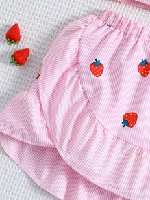 SHEIN 小女童條紋圖案和草莓圖案前蝴蝶結吊帶短上衣和荷葉邊半身裙 - 淺粉色 - 查看 6