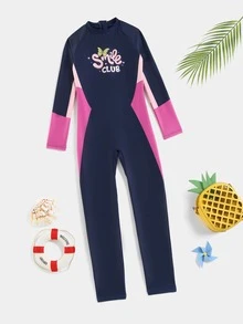 Girls Butterfly & Letter Graphic High Neck One Piece Swimsuit - Multicolor - View 5