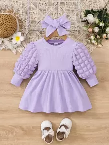 SHEIN Vestido suave y cómodo de punto con mangas abullonadas, cuello redondo, estilo retro y elegante para bebé niña, versátil para todas las ocasiones, apto para uso en casa y ocio en otoño/invierno - Lila Púrpura - Ver 1