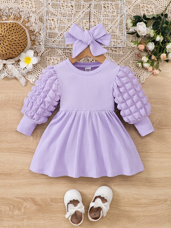 Baby Ribbed Knit Puff Sleeve Dress With Accessory Headband SHEIN USA
