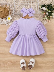 SHEIN Vestido suave y cómodo de punto con mangas abullonadas, cuello redondo, estilo retro y elegante para bebé niña, versátil para todas las ocasiones, apto para uso en casa y ocio en otoño/invierno - Lila Púrpura - Ver 2