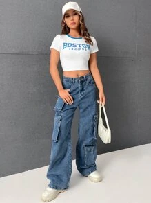 SHEIN EZwear 字母圖案撞色滾邊短款T恤