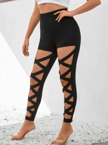 SHEIN LUNE Leggings con abertura - Negro - Ver 3