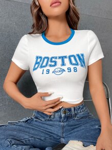 SHEIN EZwear 字母圖案撞色滾邊短款T恤