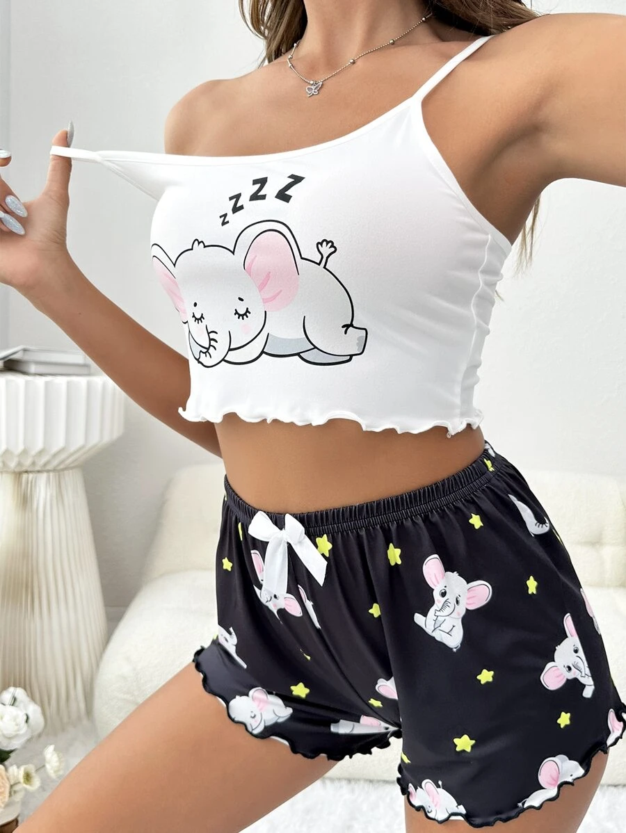 Phim hoạt hình đồ họa Rau diếp Trim Cami Top & Short PJ Set / Pyjama Set - Nhiều màu - Xem 1