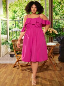 SHEIN CURVE+ Vestido de hombros descubiertos ribete con fruncido - Rosa Fucsia - Ver 7