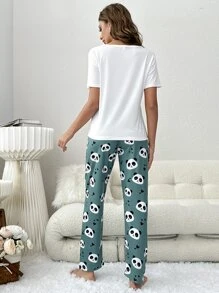 Snug Zone Panda & Slogan Graphic Tee & Trousers PJ Set - Multicolor - View 2