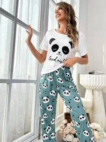 Snug Zone Panda & Slogan Graphic Tee & Trousers PJ Set - Multicolor - View 3