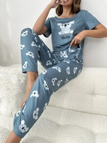 Conjunto de pijama koala & con estampado de letra - Neblina azul - Ver 1