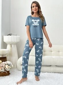 Conjunto de pijama koala & con estampado de letra - Neblina azul - Ver 4