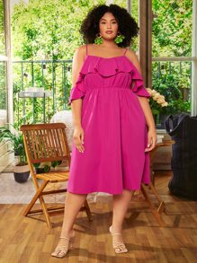 SHEIN CURVE+ Vestido de hombros descubiertos ribete con fruncido - Rosa Fucsia - Ver 4