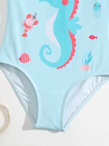 Niñas Bañador una pieza con estampado de dibujos animados fruncido - Azul - Ver 4