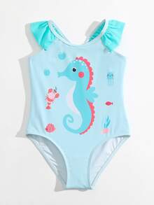 Niñas Bañador una pieza con estampado de dibujos animados fruncido - Azul - Ver 5