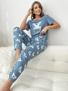 Conjunto de pijama koala & con estampado de letra - Neblina azul - Ver 5