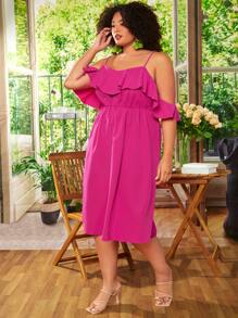SHEIN CURVE+ Vestido de hombros descubiertos ribete con fruncido - Rosa Fucsia - Ver 2