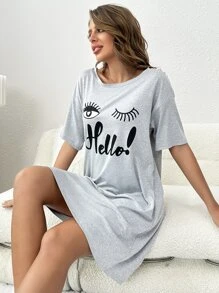 Eyelash & Letter Graphic Drop Shoulder Pajama Nightdress, Moo Moo - Light Grey - View 1
