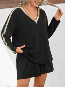 Mulvari Plus Contrast Trim Drop Shoulder Tee & Shorts - Black - View 1